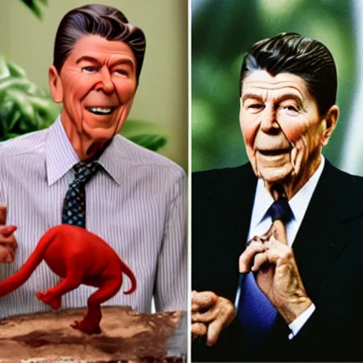 Image similar to claymation ronald reagan vs dinosaur