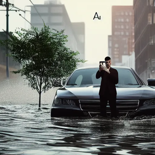 Image similar to a man in suit sitting on the top of a car in a flooded street, looking at his phone, trending on Artstation, 8k, photorealistic, hyper detailed, unreal engine 5, IMAX quality