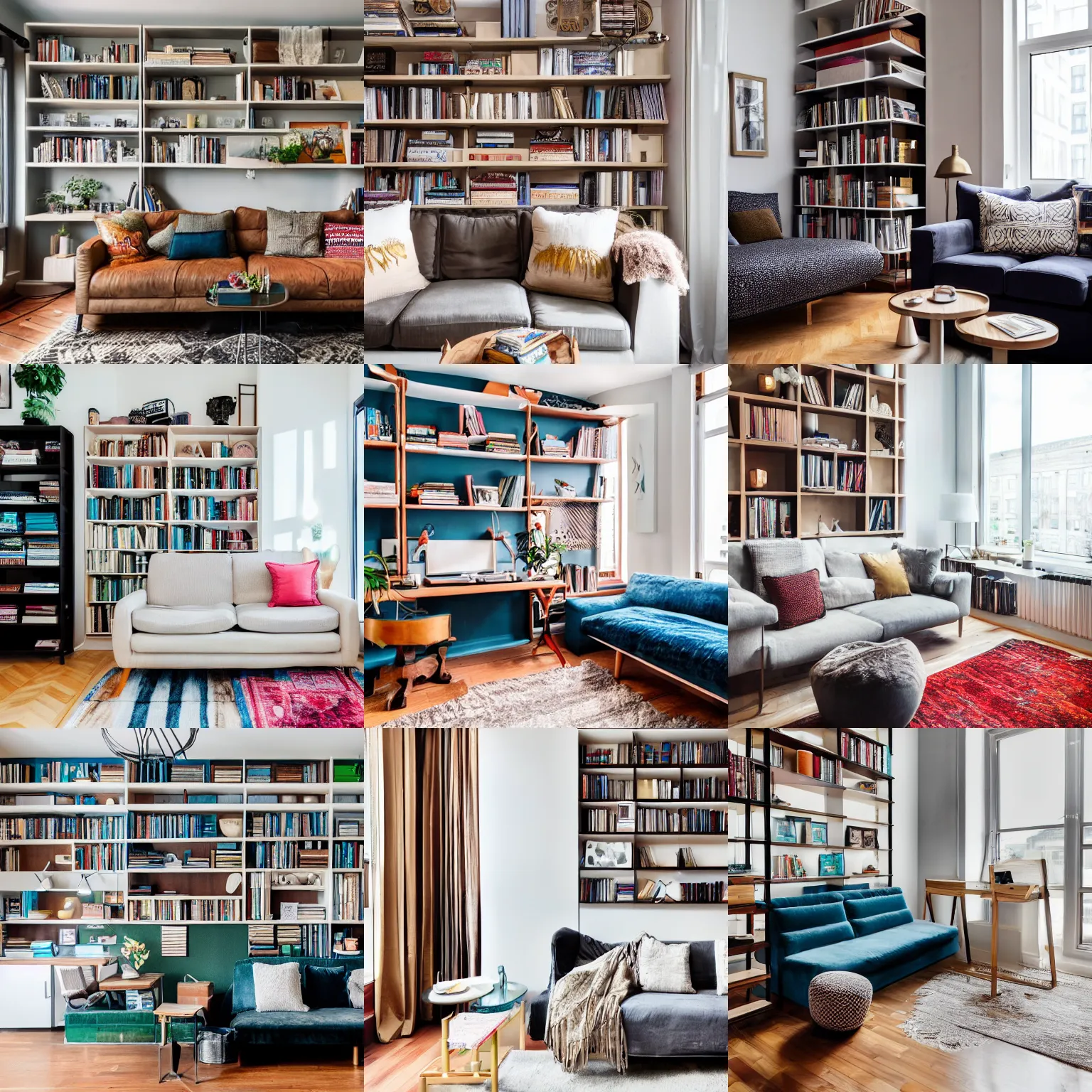 Prompt: award winning interior design city apartment, cozy, calm, wood floor, fabrics and textiles, colorful accents, book shelf, couch, desk photograph magazine, wide angle