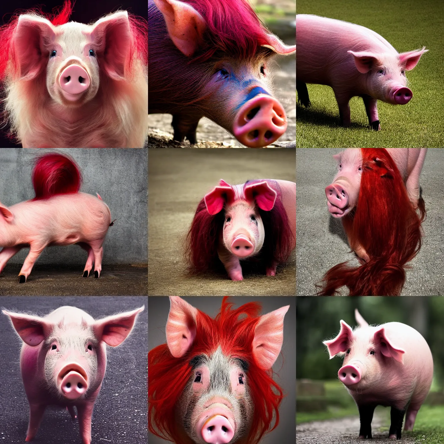 Prompt: a pig with long flowing red hair fashion photo