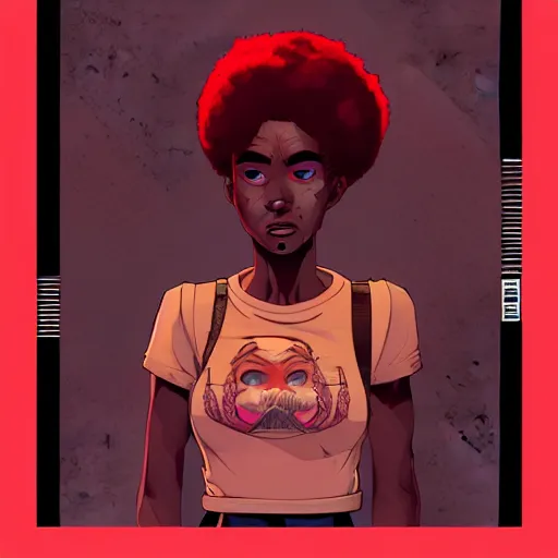 Image similar to Portrait design of afropunk urban character in a street, medium shot, asymmetrical, 3/4 profile picture, painting by Alberto Mielgo and Laurie Greasley and Lois van Baarle, trending on artstation,