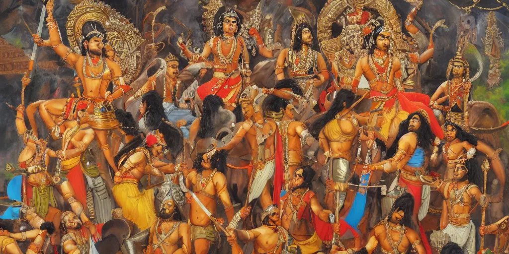 Image similar to a painting of bhima holding a mace and standing over slain duryodhan, mahabharat, an oil on canvas painting by ram chandra shukla, artstation, samikshavad, detailed painting, epic, oil on canvas