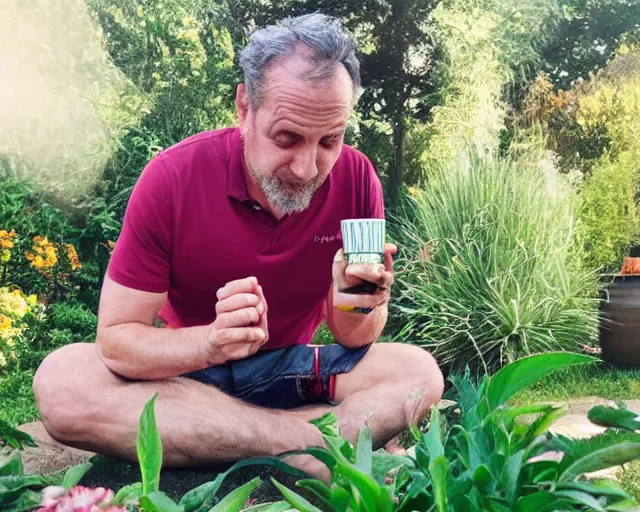 Image similar to mr robert is drinking fresh tea, smoke pot and meditate in a garden from spiral mug, detailed glad face, muscular legs, happy toes, golden hour closeup photo, red elegant shirt, eyes wide open, ymmm and that smell