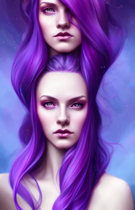 Image similar to Purple hair relistic Portrait of a woman with bright colored flying hair, all shades of purple. Hair coloring, long hair, blue eyes, fantasy, intricate, elegant, highly detailed, digital painting, artstation, concept art, smooth, sharp focus, illustration, art by artgerm and greg rutkowski and alphonse mucha