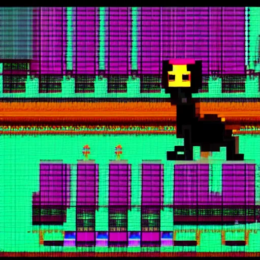 Prompt: pixel art humanoid robot cat, in the style of celeste and and hyper light drifter