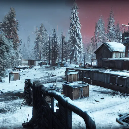 Prompt: Lapland in winter in ruins post-nuclear war in Fallout 4, in game screenshot