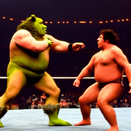 Image similar to shrek vs andre the giant at wrestlemania 8, dramatic lighting, 8k