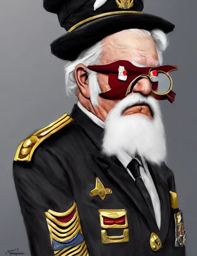 Image similar to a portrait of colonel sanders wearing a military uniform and a black eyepatch over his left eye, by moebius and tyler edlin and hr giger, trending on artstation, digital art, 4 k resolution, detailed, high quality, sharp focus, hq artwork, coherent, insane detail, concept art