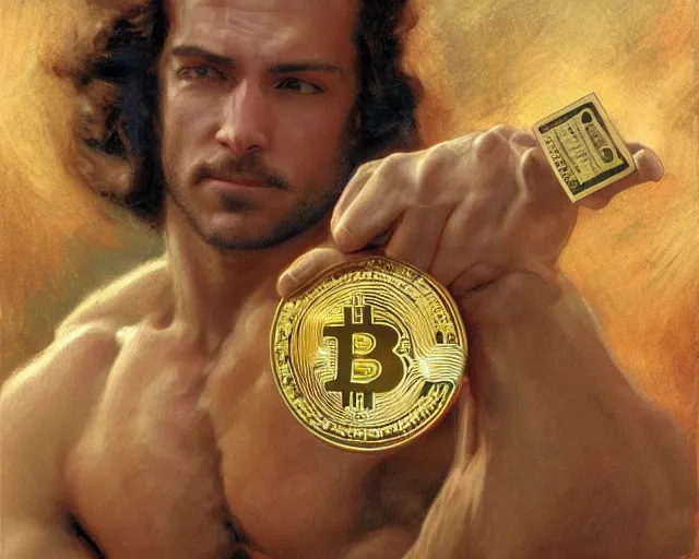 Image similar to attractive muscular man magically holding a golden bitcoin, commercial by annie liebovitz, gaston bussiere, craig mullins, j. c. leyendecker