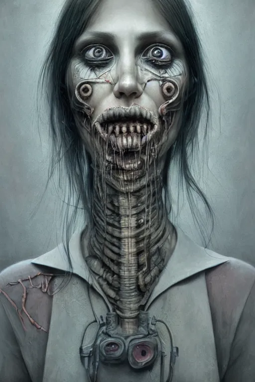 Image similar to surrealism crayon cartoon grunge portrait of a creepy horror nurse girl . intricate artwork. nightmare fuel. terrifying. by zdzisław Beksiński, wlop, dan mumford , trending on artstation, greg rutkowski very coherent symmetrical artwork. cinematic, hyper realism, high detail, octane render, 8k