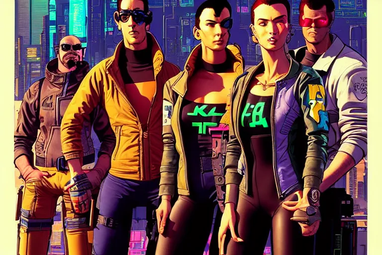 Image similar to cyberpunk heist crew. portrait by stonehouse and mœbius and will eisner and gil elvgren and pixar. character design. realistic proportions. dystopian. cyberpunk 2 0 7 7 character art, blade runner 2 0 4 9 concept art. cel shading. attractive face. thick lines. the team. detailed interesting characters.