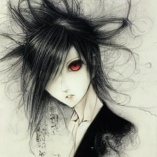 Image similar to Yoshitaka Amano realistic illustration of an anime girl with white hair and cracks on her face wearing dress suit with tie, abstract black and white patterns on the background, noisy film grain effect, highly detailed, Renaissance oil painting