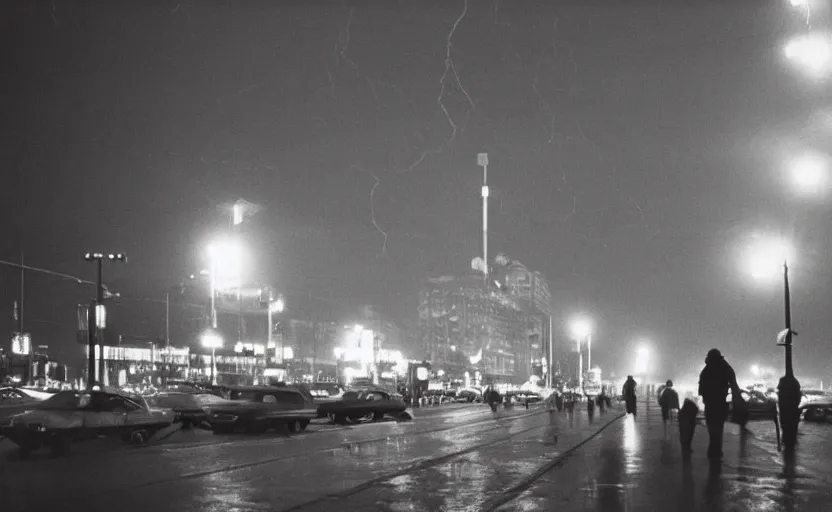 Image similar to 70s movie still of a soviet street with pedestrians with soviet high rise in the backround , Cinestill 800t 18mm beuatiful black and white, heavy grainy picture, very detailed, high quality, 4k panoramic, dramatic lightning, neon billboards and streetlight at night, rain, mud, foggy