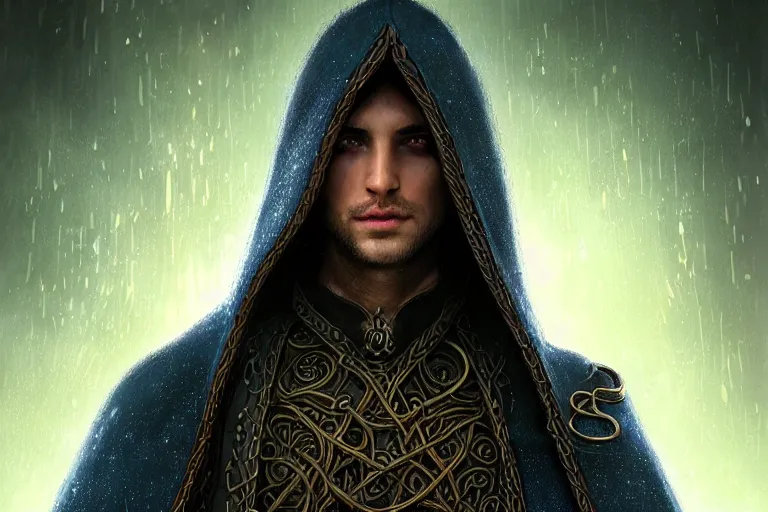 Prompt: ultrarealistic young male mage face portrait running, long black hair blue eyes wearing bronze mantle gothic navy cloak with leather details, green plants, fantasy character portrait, octane render, extreme intricate details, elegant, cinematic lighting, volumetric lighting, artstation, dnd art, cgsociety, sharp focus, beautiful digital painting by artgerm, gerald brom, wlop