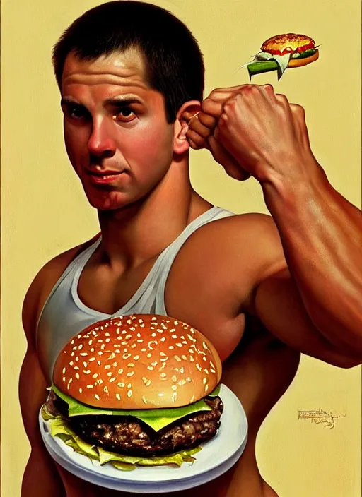 Prompt: an olympic weight - lifter attempting to lift a gigantic cheeseburger over his head, stunning painting, elegant intricate digital painting artstation concept art by mark brooks and brad kunkle and norman rockwell, extreme detailed