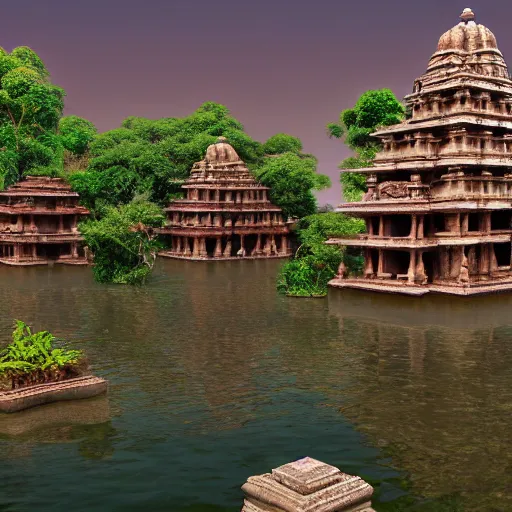 Image similar to 4 k unreal engine render of an ancient never seen before indian high detail temple islands. complex architecture with intricate pilars. high detailed water. jungle background. afternoon light. hyper realistic render, trending on art station