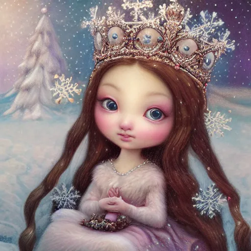 Image similar to highly detailed closeup portrait of a snow, ice princess, she is wearing a crown, she is sitting on a throne, fluffy bears are standing around, nicoletta ceccoli, mark ryden, lostfish, earl nore, global illumination, god rays, detailed and intricate environment