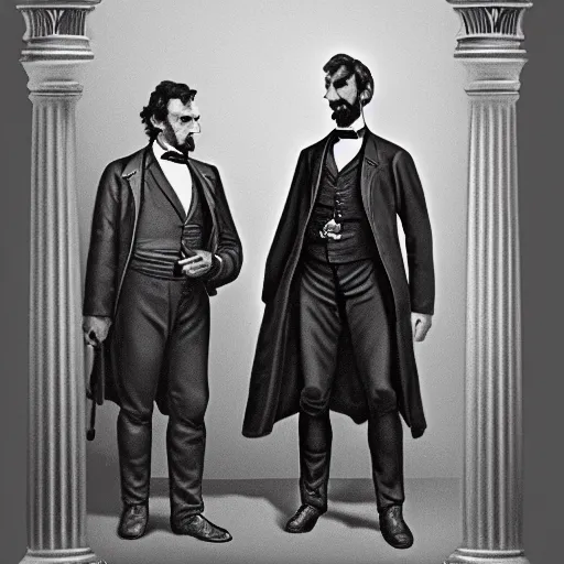 Prompt: A reenactment of Abraham Lincoln and John Wilkes Booth theatre encounter, photorealistic, detailed, 8K