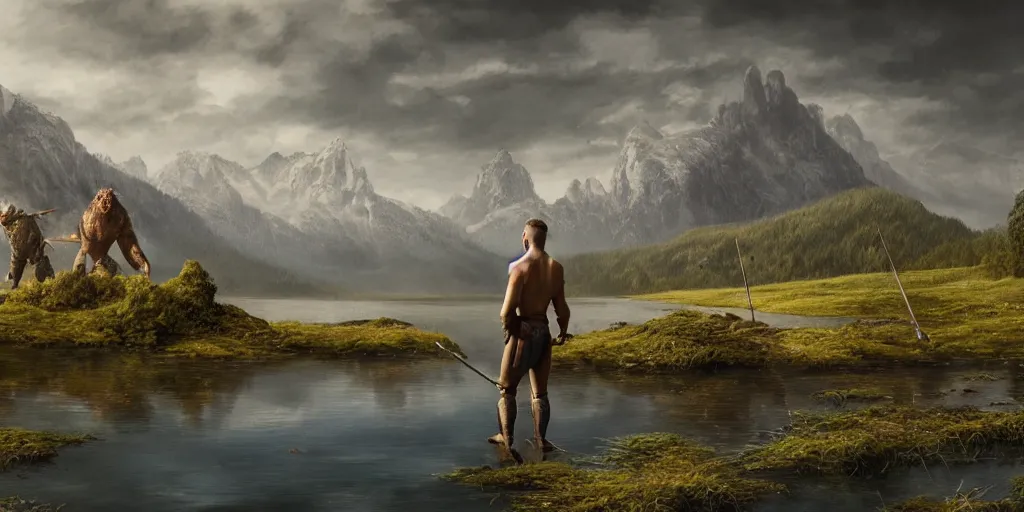 Image similar to beautiful landscape of small lake at midday with distant mountains and close - up of a symmetric detailed man in realistic detailed medieval armor facing off against a monster, ultra realistic, epic, highly detailed, hd, sharp focus, cinematic lighting, realistic, vivid colors, gritty, matt painting, digital art, non blurry, sharp, artstation, concept art, smooth, illustration