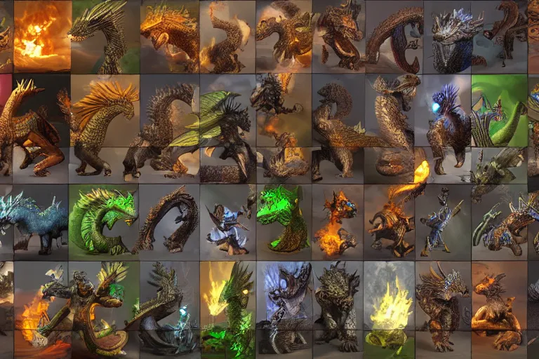 Prompt: highly detailed icons of many various fantasy dragons from fantasy games. Perfect lighting, ray tracing, realistic.