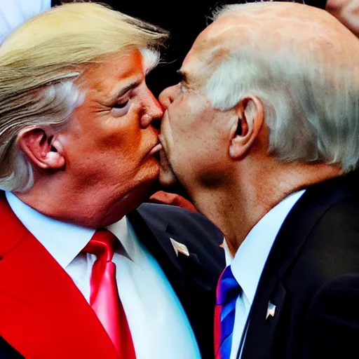 Prompt: donald trump kissing joe bidens neck gently
