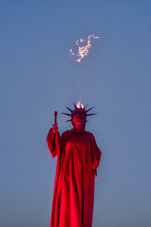 Prompt: award winning photo of the Statue of Liberty at Ellis Islandwearing Handmaid's Tale Costume, red robe, white bonnet, holding a torch, dramatic, cinematic lighting, 4k