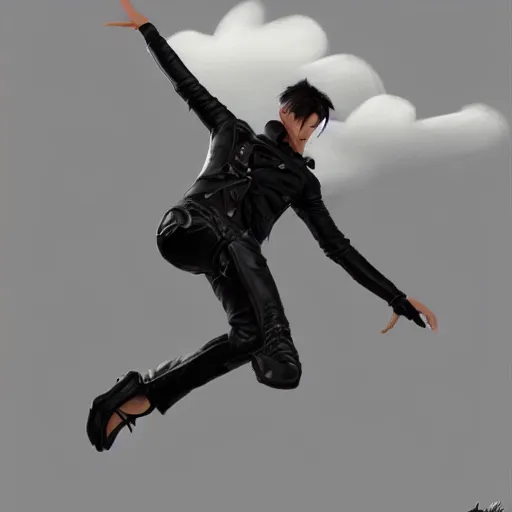 Image similar to gay man with leather clothes dancing on the clouds, Artstation