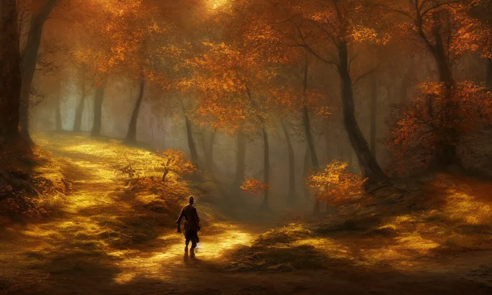 Prompt: A highly detailed 4K fantasy matte painting of an adventurer walking along a path in a forest during the golden hour in autumn, volumetric sun rays and dust, Thomas Kinkade, Greg Rutkowski, ArtStation, CGSociety, Unreal Engine