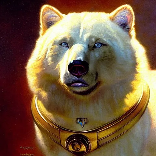 Prompt: a portrait of a manly bear dog white cat feline, blue eyes, star trek the next generation. highly detailed painting by gaston bussiere, craig mullins, j. c. leyendecker, furry