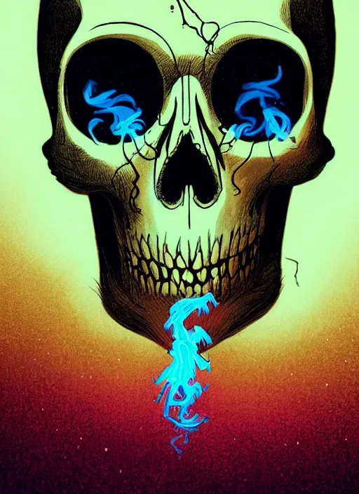 Prompt: beautiful illustration of a skull mask with glowing smoke coming out of the eyes, in the style victo ngai and sam guay and moebius, vibrant moody colors, trending on artstation