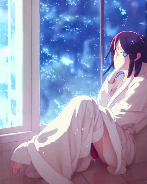 Image similar to a beautiful photo of a girl sitting in a bath robe watching the world outside her window burn ， by makoto shinkai an krenz cushart