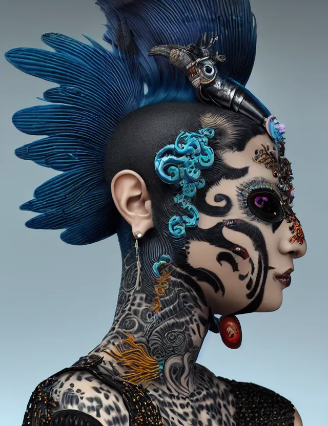 Image similar to 3 d goddess close - up profile portrait punk with mohawk with ram skull. beautiful intricately detailed japanese crow kitsune mask and clasical japanese kimono. betta fish, jellyfish phoenix, bio luminescent, plasma, ice, water, wind, creature, artwork by tooth wu and wlop and beeple and greg rutkowski