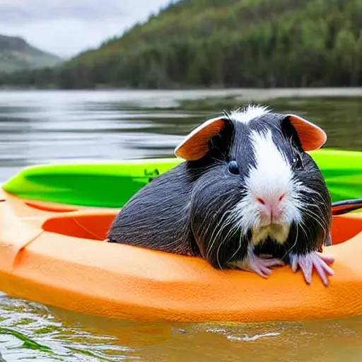 Image similar to a guinea pig sitting on a kayak on a calm stream