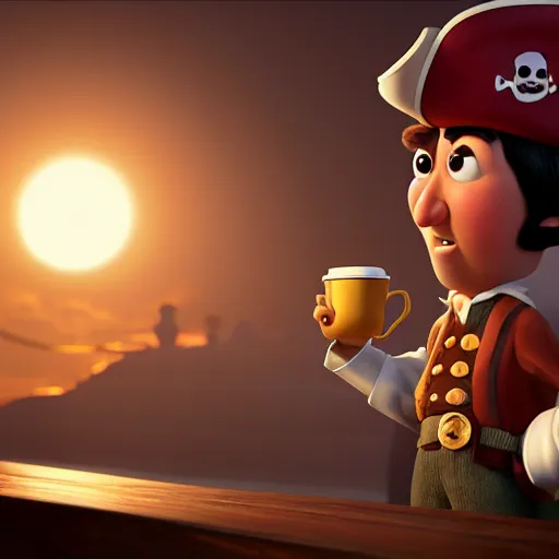 Image similar to a great pirate on his ship holding a cup of coffee. pixar style animation 3 d extremely gloomy lighting, shining light and shadow, atmospheric, cinematic, unreal engine, 8 k