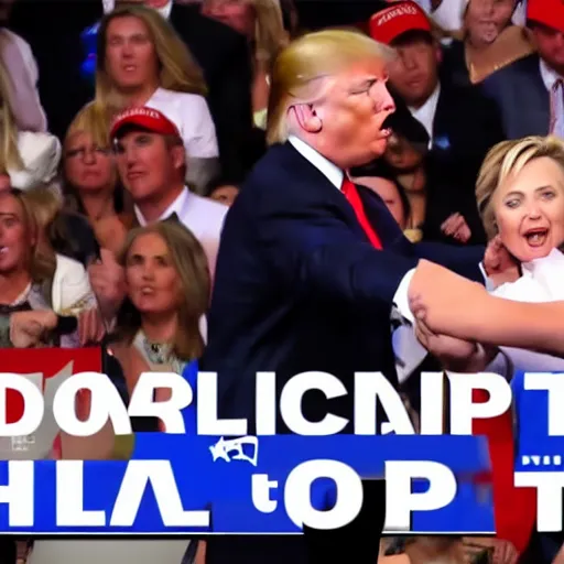 Image similar to donald trump fistfighting hillary clinton, cinematic