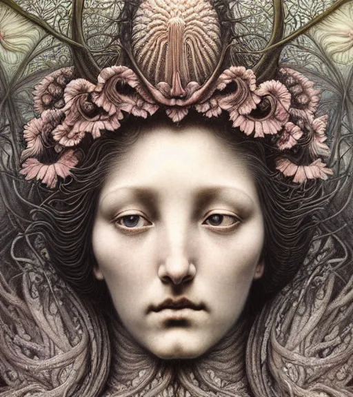 Image similar to detailed realistic beautiful flower goddess face portrait by jean delville, gustave dore, iris van herpen and marco mazzoni, art forms of nature by ernst haeckel, art nouveau, symbolist, visionary, gothic, neo - gothic, pre - raphaelite, fractal lace, intricate alien botanicals, ai biodiversity, surreality, hyperdetailed ultrasharp octane render