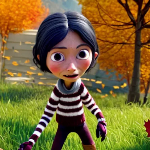 Image similar to a stopmotion animation character, a beautiful canadian woman, gardening, very attractive, messy dark grey hair, striped sweater, tight denim jeans, maroon doc marten boots, canadian maple leaves blowing about, mountains, autumn, unreal engine 5, 8 k, kubo and the two strings, disney, pixar,