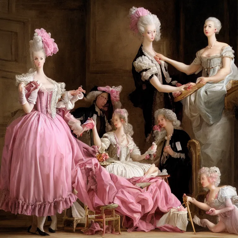 Image similar to Marie Antoinette cutting a pink cake. Baroque painting, trending on artstation, 50mm