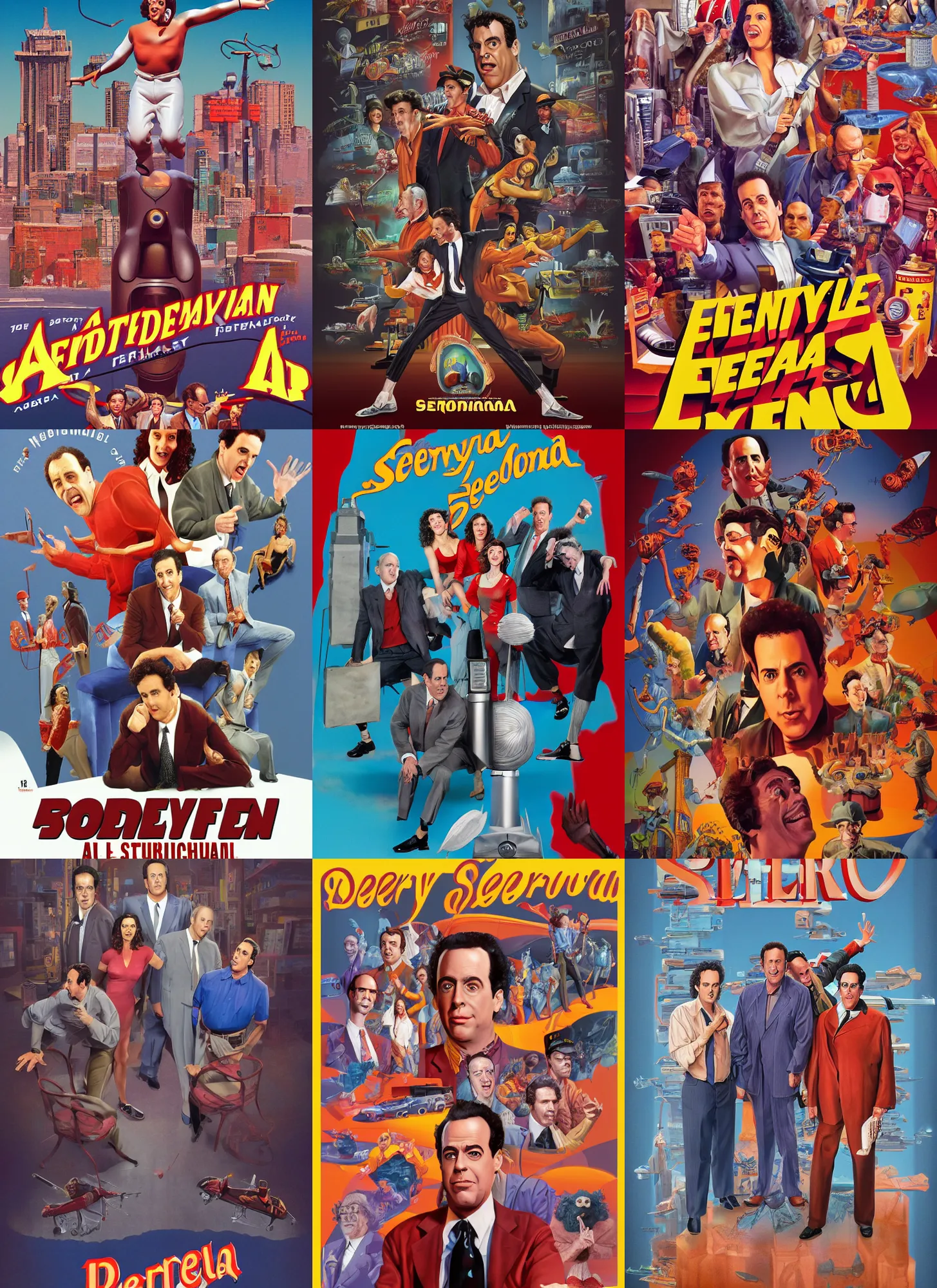 Prompt: a poster artwork of Seinfeld Show by Peter Andrew Jones, Al Feldstein, Henry Justice Ford, Houdini algorithmic generative render, sharp focus, octane render 8k