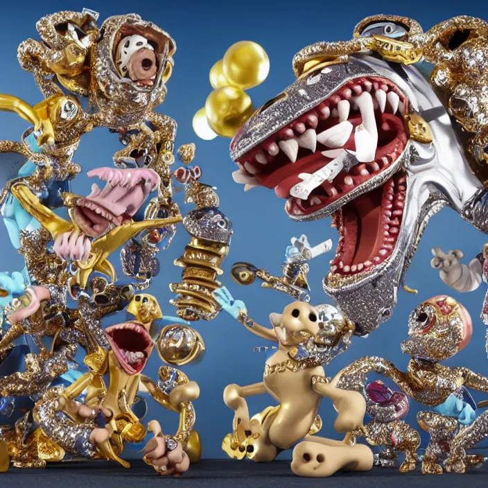 Image similar to jeff koons hip hop style street sharks wearing diamond grillz and a ton of bussdown iced gold bling in wallace & gromit claymation, ultra realistic, concept art, intricate details, serious, highly detailed, photorealistic, octane render, 8 k, unreal engine, art by todd mcfarlane and artgerm and greg rutkowski and alphonse mucha