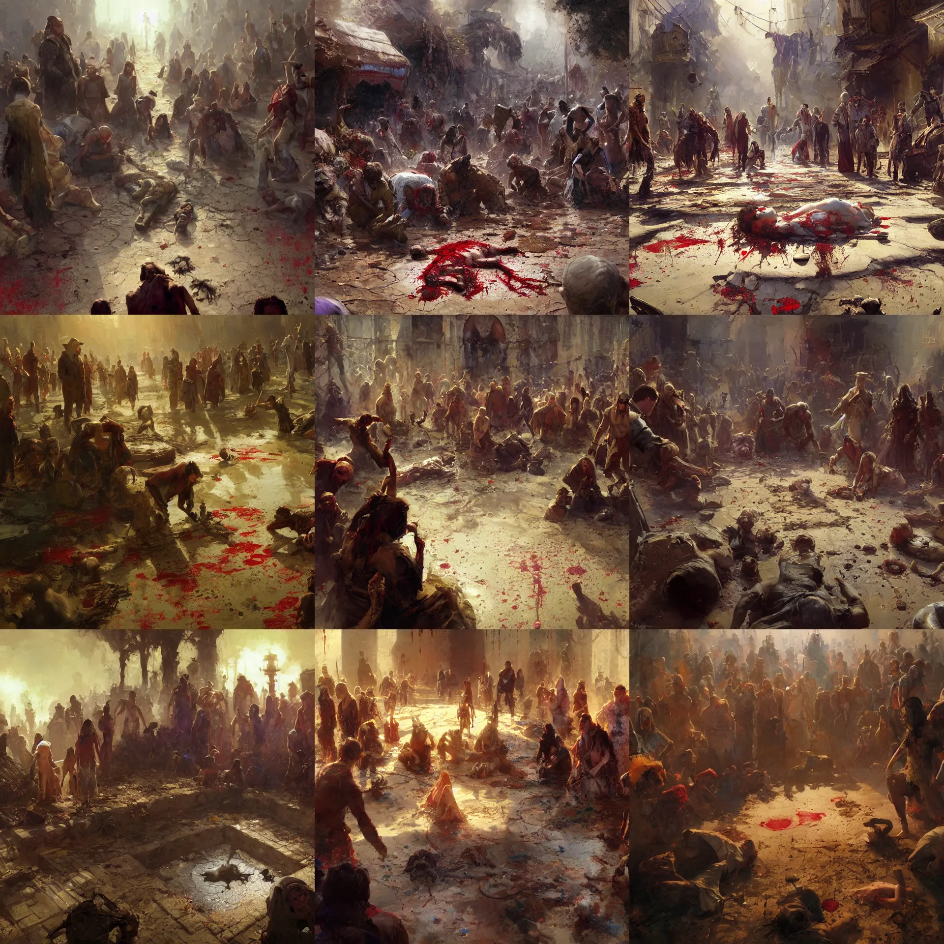 Prompt: digital art painting of dozens of shocked horrified people looking down, surrounding a corpse over a blood puddle painted by craig mullins and gaston bussiere and greg rutkowski