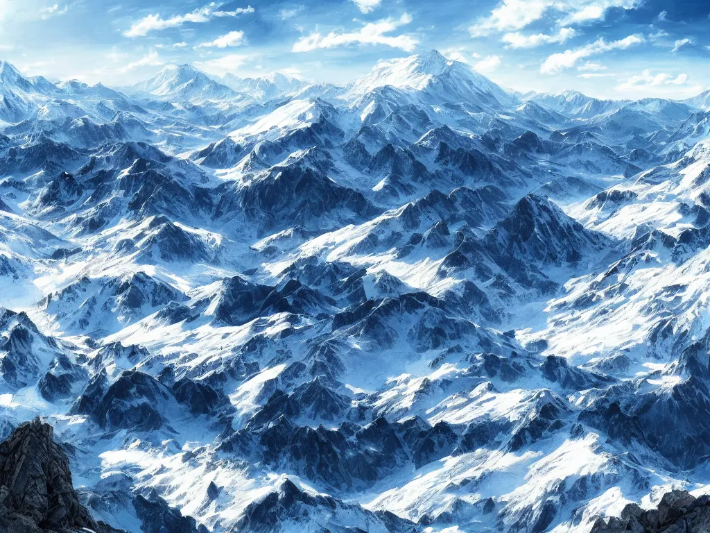 Image similar to view from a mountaintop, high mountains, alps, pyranees, digital painting, 4 k, wallpaper