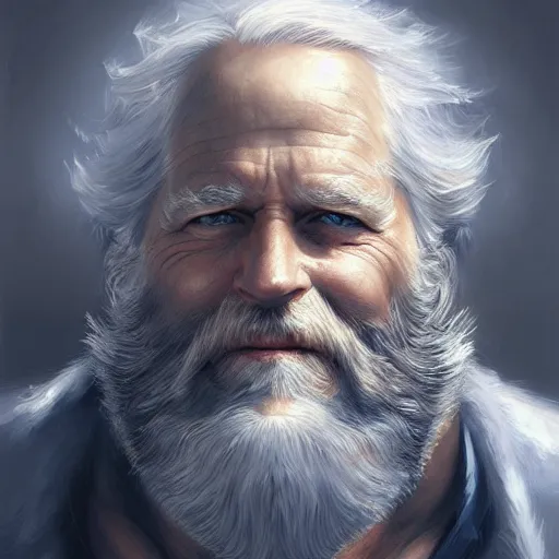 Prompt: Old man, vivid blue eyes, bushy white beard, digital painting, lots of details, extremely detailed, 4k, intricate, brush strokes, Mark Arian, Artgerm, Bastien Lecouffe-Deharme