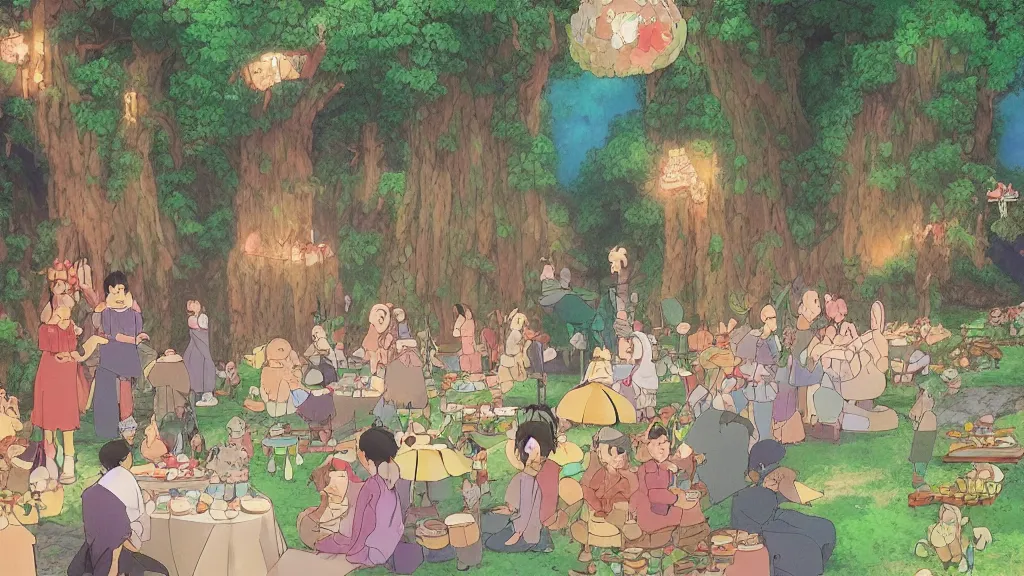 Prompt: a birthday party in a mystical magic forest, cinematic scene, studio ghibli