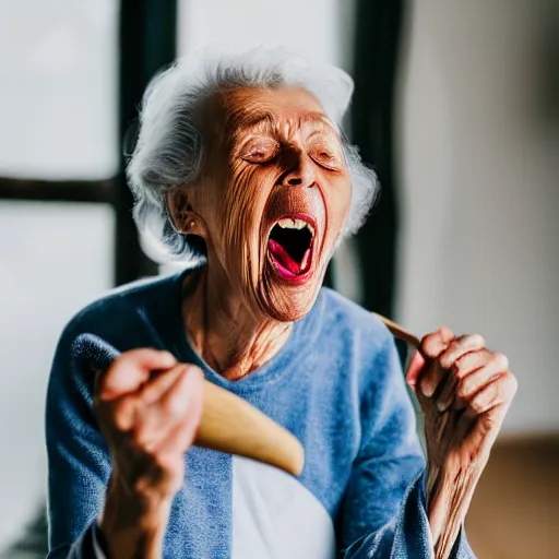 Image similar to elderly woman screaming at a wooden spoon, canon eos r 3, f / 1. 4, iso 2 0 0, 1 / 1 6 0 s, 8 k, raw, unedited, symmetrical balance, wide angle