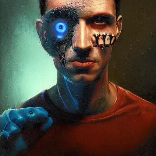Prompt: surreal portrait of a man by Greg Rutkowski, symmetrical face, he is about 30 years old, short black hair with bangs, his features are a mix between French, Turkish and Russian, transformed into a kind of biomechanical transhuman god, blue glowing eyes, expression of epiphany and determination, cosmic void background, frightening, fascinating, highly detailed portrait, digital painting, book cover, artstation, concept art, smooth, sharp foccus ilustration, Artstation HQ