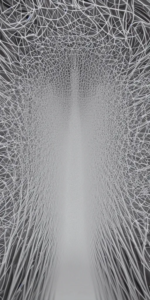 Prompt: awe symmetrical highly sophisticated highly intricated generative flow fields curve ornate network wood Sagrada Familia ceiling continuous landscape flow, dezeen, Zaha Hadid, hyper realistic pastel light gray dark gray and white, ultra detailed, parametric architecture, 8k, epic cinematic detailed, 3D