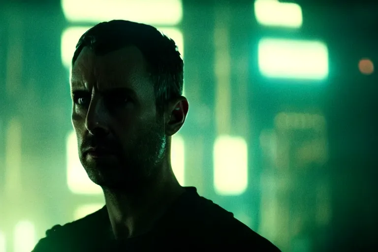 Image similar to film still of closeup alien observer of human society in blade runner 2 0 4 9, cinematic, moody, gritty neon noir by emmanuel lubezki