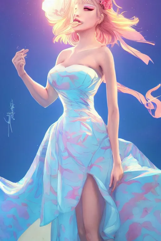 Image similar to a beautiful fashion goddness of love, chic strapless dress, tropical sea background, character design, in the style of artgerm, and wlop, cinematic lighting, hyperdetailed, 8 k realistic, symmetrical, global illumination, radiant light, frostbite 3 engine, cryengine, dof, trending on artstation, digital art