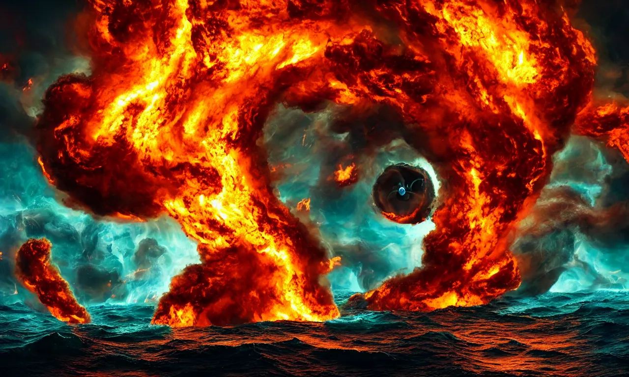 Prompt: the swirling portal in the ocean erupts violently with fire and brimstone with hellacious abominations flying out of the portal in droves. photorealistic. intricate details. 3 5 mm photograph. dramatic lighting. action shot. absolute focus. masterpiece.